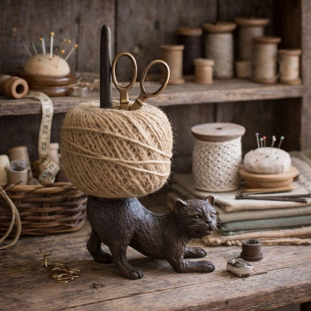 Cast Iron Stretching Cat String Holder Vintage Style Farmhouse Decor